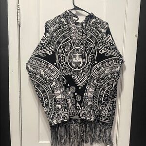 Handmade Black and White Patterned Poncho with Fringe
